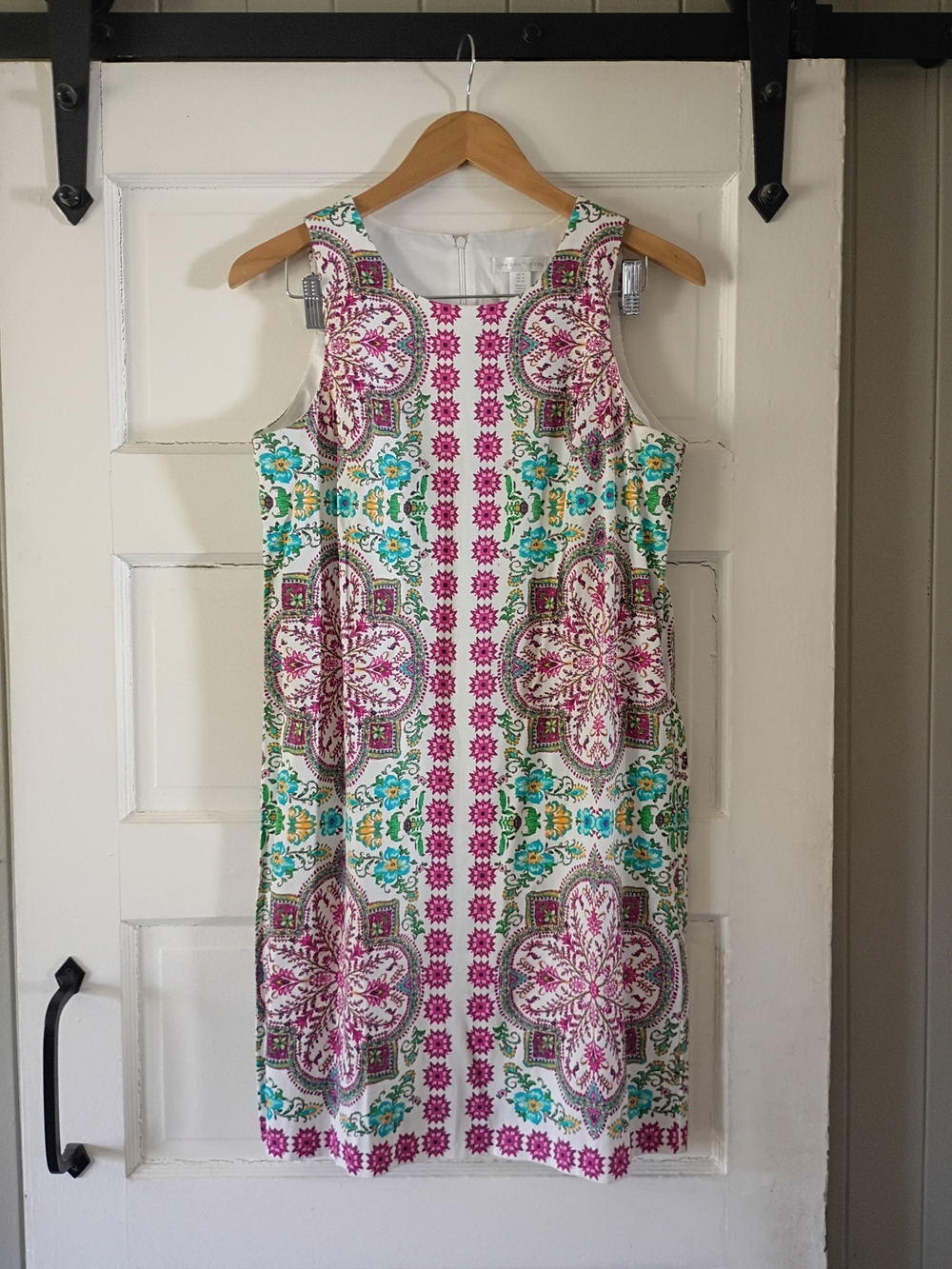 London Times White Floral Mosaic Shift Dress with Pink & Teal Accents